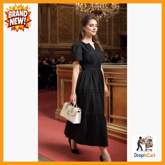 V-Neck Maxi Dress A-Line Casual Elegant Tiered Cotton Summer Midi - Picture 7 of 7